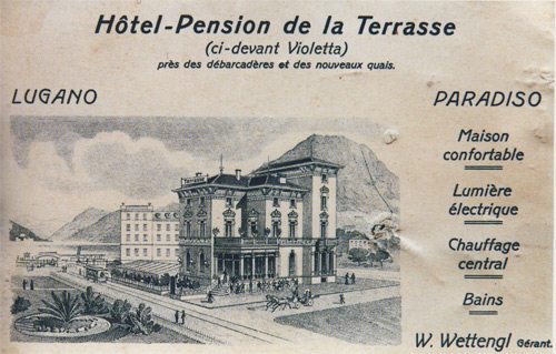 An advertisement for the Hotel de la Terrasse in Lugano-Paradiso (early 1900s)